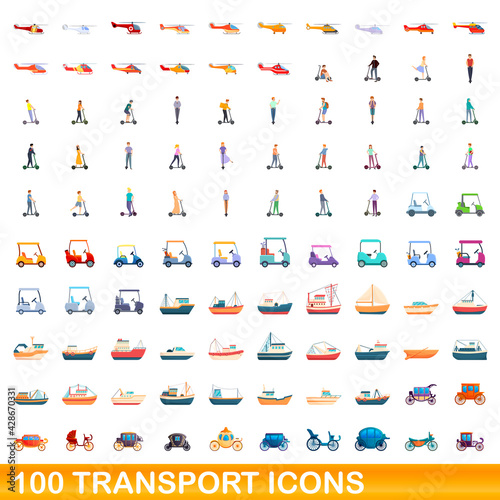 100 transport icons set. Cartoon illustration of 100 transport icons vector set isolated on white background