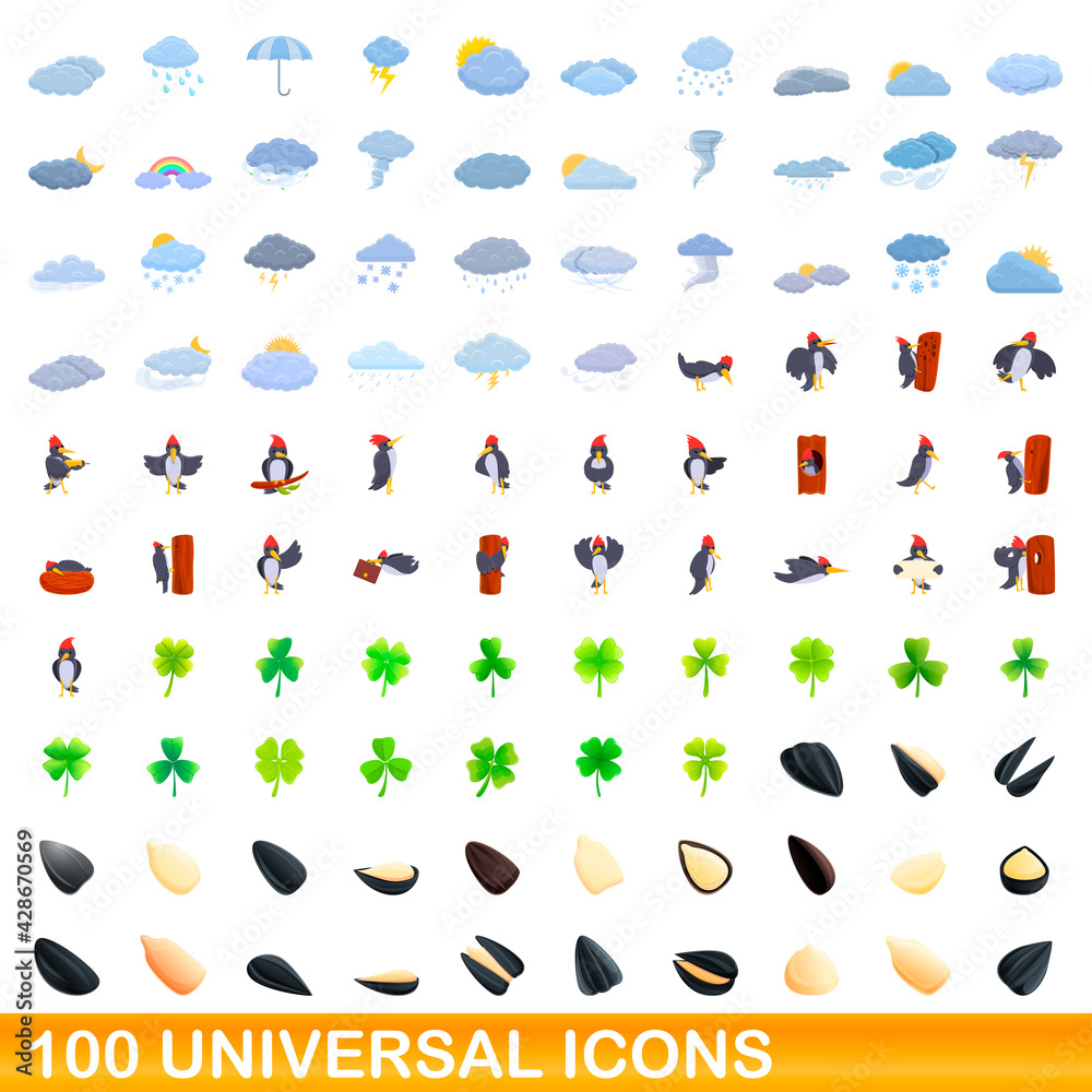 100 universal icons set. Cartoon illustration of 100 universal icons vector set isolated on white background