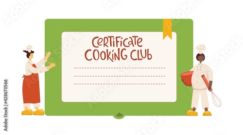 Certificate cooking club, cook chef woman with hat, uniform from professional kitchen restaurant. Vector stock illustration isolated on white background for web site, poster, online school, diploma. E