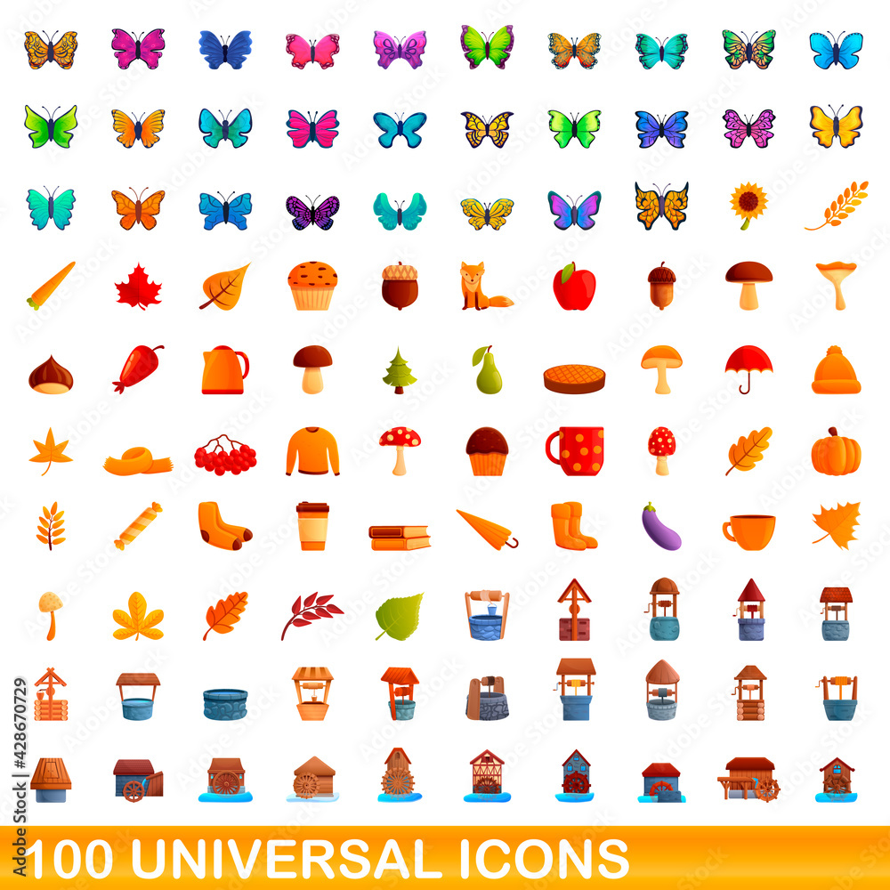 Fototapeta premium 100 universal icons set. Cartoon illustration of 100 universal icons vector set isolated on white background