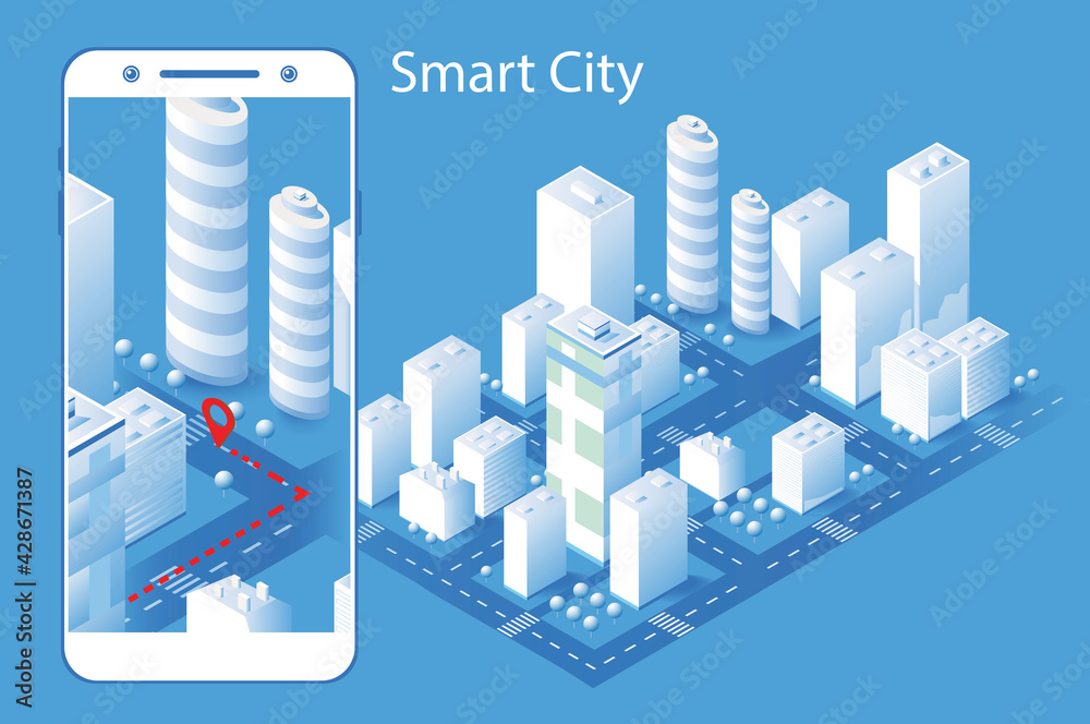Isometric city vector.Smart town with road , trees,smart city and public park,building 3d,capital , Vector office and metropolis concept. Trending image.