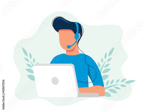 Customer service landing page. Man with headphones and microphone with laptop. Concept illustration for support, assistance, call center. Vector illustration in flat style