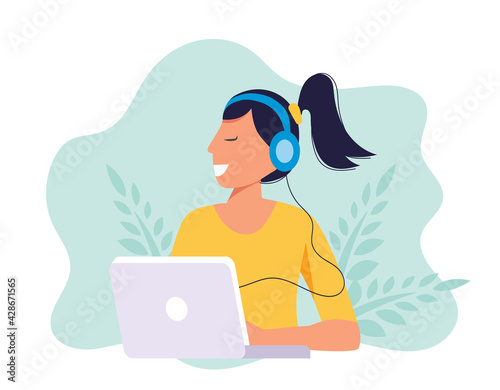 Home office concept, woman working from home, student or freelancer. Vector illustration in flat style