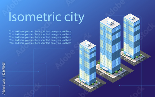 Isometric city vector.Smart town with road , trees,smart city and public park,building 3d,capital , Vector office and metropolis concept. Trending image.