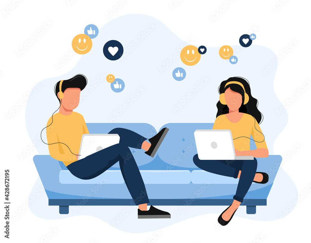 Social network. People using lap top for social networking. Chatting. Creative flat design for web banner, marketing material, business presentation, online advertising. Flat vector illustration Social network. People using lap top for social networking. Chatting. Creative flat design for web banner, marketing material, business presentation, online advertising. Flat vector illustration