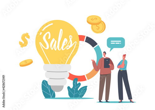 Sales Strategies and Business Idea. Tiny Businessman and Businesswoman Characters at Huge Light Bulb and Pie Info Chart