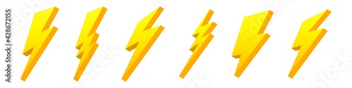 Lightning signs 3d. Yellow electrical flashes with geometric curves high voltage hazard and powerful vector thunderstorm discharges.