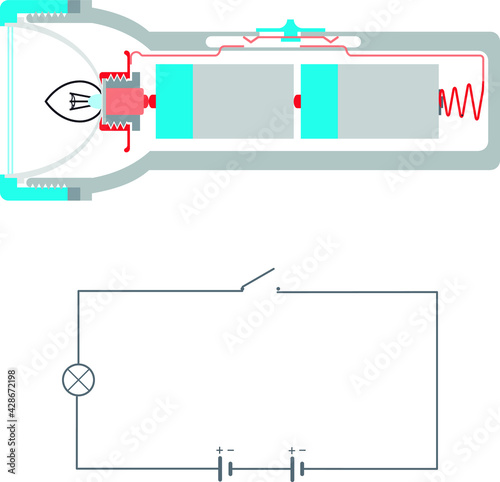 Flashlight technical drawing. Isolated vector illustration of an electrical circuit diagram and flashligh components. photo