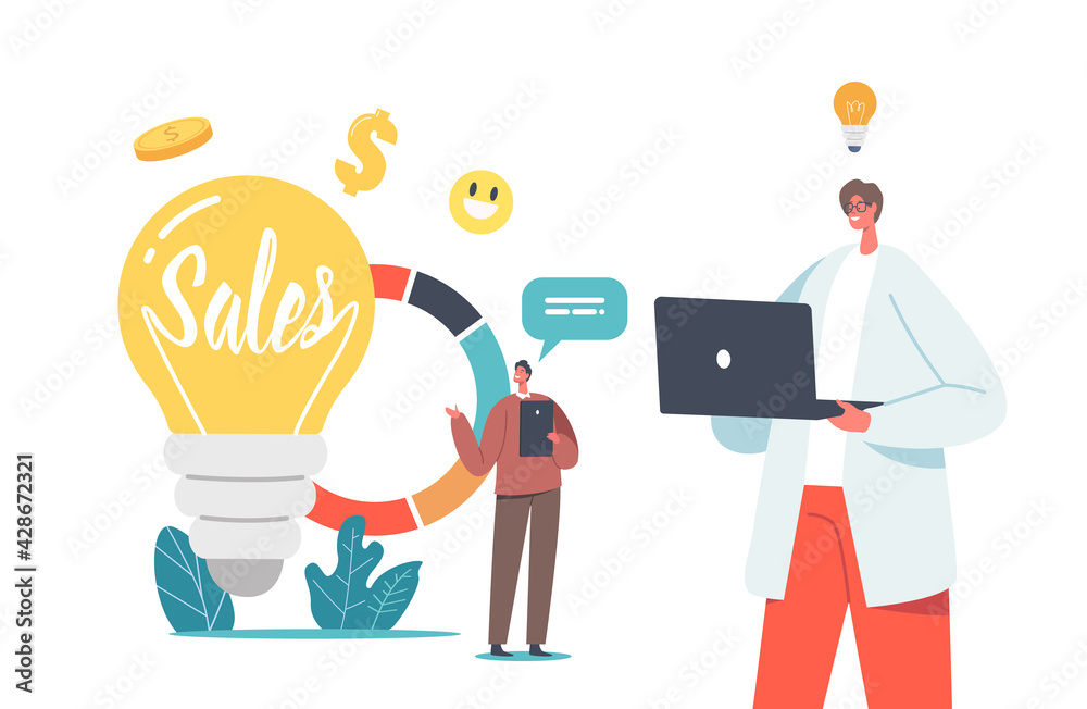 Sales Strategies and Business Idea Concept with Tiny Businessmen Characters with Gadgets at Huge Light Bulb and Chart Sales Strategies and Business Idea Concept with Tiny Businessmen Characters with Gadgets at Huge Light Bulb and Chart
