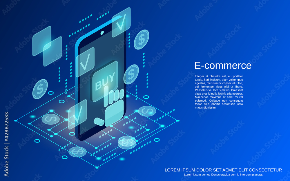 E-commerce, online shopping, distant trade flat 3d isometric vector concept illustration E-commerce, online shopping, distant trade flat 3d isometric vector concept illustration