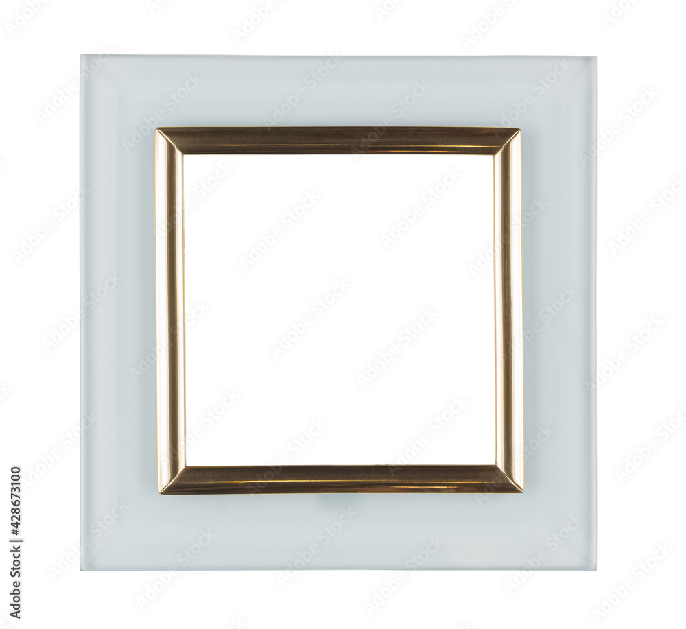 Empty square glass photo frame with golden plastic border isolated on white background Empty square glass photo frame with golden plastic border isolated on white background