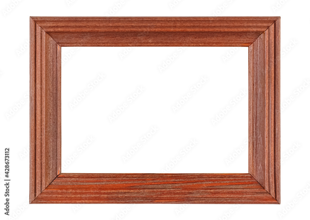 Empty wooden frame for photo or artwork with mahogany texture border isolated on white background Empty wooden frame for photo or artwork with mahogany texture border isolated on white background