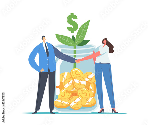 Finance Help, Mutual Fund Business Concept. Office Characters Businessman and Businesswoman Shaking Hands at Huge Jar