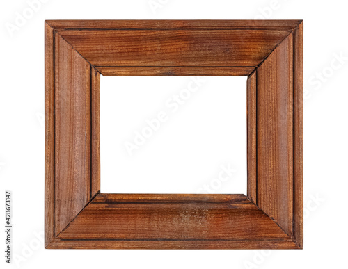 Empty small simplicity dark brown wooden frame for artwork or photo with wide border isolated on white background