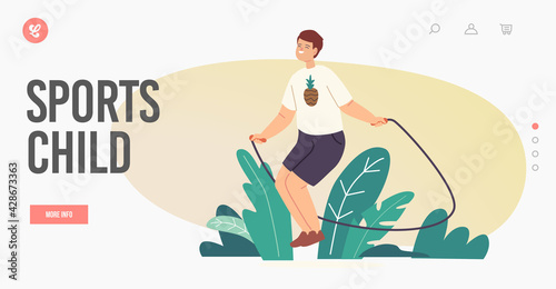 Sports Child Landing Page Template. Little Boy Character Exercising with Jump Rope. Kid Jumping and Rejoice at Summer