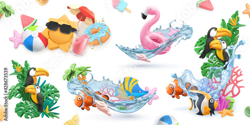 Summer creative icon set. 3d realistic vector high quality objects