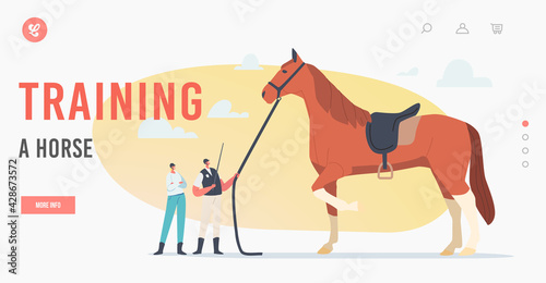 Equestrian Sport and Horse Training Landing Page Template. Tiny Trainer and Jockey near Huge Thoroughbred Stallion