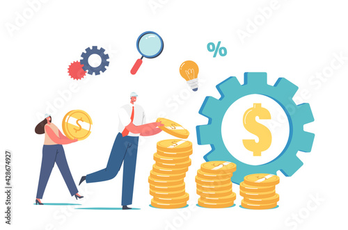 Value Engineering. Tiny Engineers Characters in Helmets Collect Huge Golden Coins in Stacks, Huge Gear with Dollar