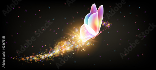 Flying delightful butterfly with sparkle and blazing trail flying in night sky among shiny glowing stars in cosmic space. Animal protection day concept.