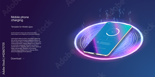Futuristic phone is charged wirelessly on a blue background. Wireless charging. Wireless charging of the smartphone battery. Future concept. The progress of charging the battery of the phone.