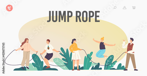 Happy Children Exercise with Jump Rope Landing Page Template. Kids Summertime Recreation, Outdoor Active Sparetime