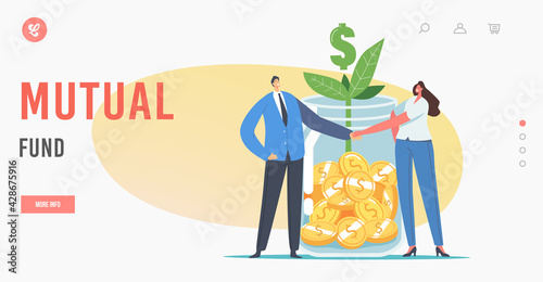 Mutual Business Fund Landing Page Template. Office Characters Businessman and Businesswoman Shaking Hands at Glass Jar