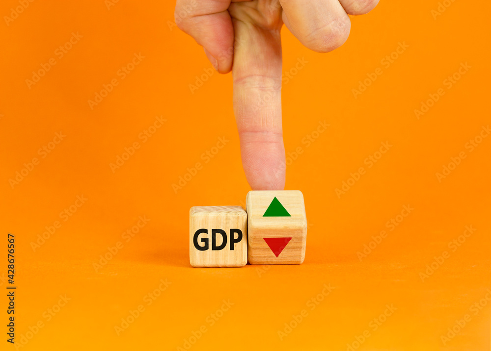 Gdp Gross Domestic Product Symbol Businessman Turns A Cube With Up And Down Icon Word Gdp