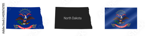 North Dakota US state detailed flag map. Detailed silhouette. Waving flag. Vector illustration