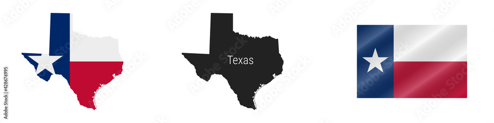 Texas US state detailed flag map. Detailed silhouette. Waving flag. Vector illustration