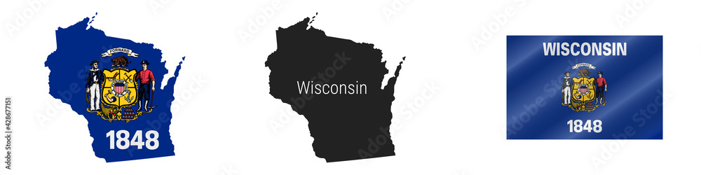 Wisconsin US state detailed flag map. Detailed silhouette. Waving flag. Vector illustration