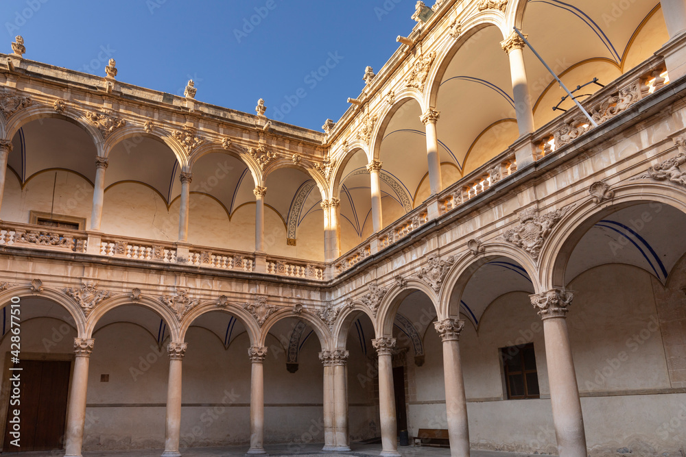Orihuela, Spain - November 16, 2019: Cloisters of the Holy Cathedral of El Slavador in the town of Orihuela on the Costa Blanca in Spain.