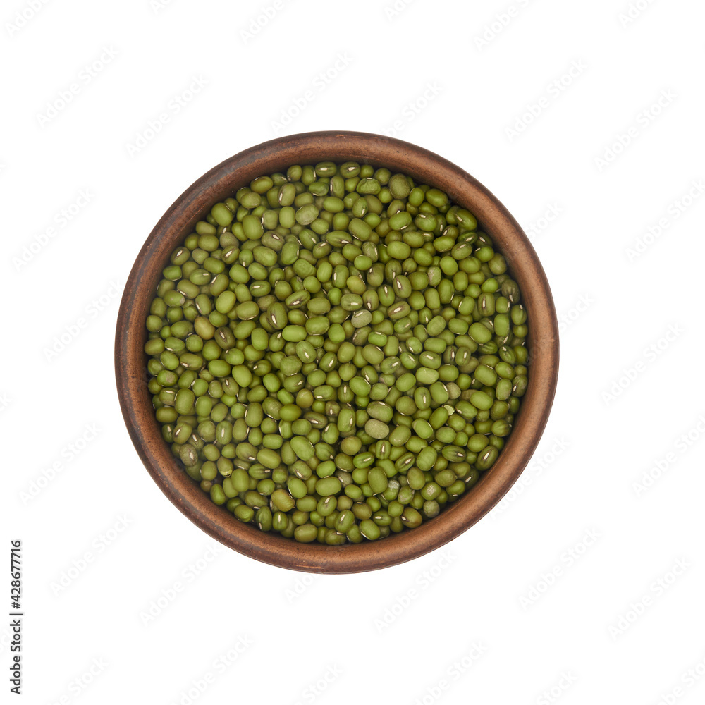 mung beans in clay bowl isolated on white background, top view mung beans in clay bowl isolated on white background, top view
