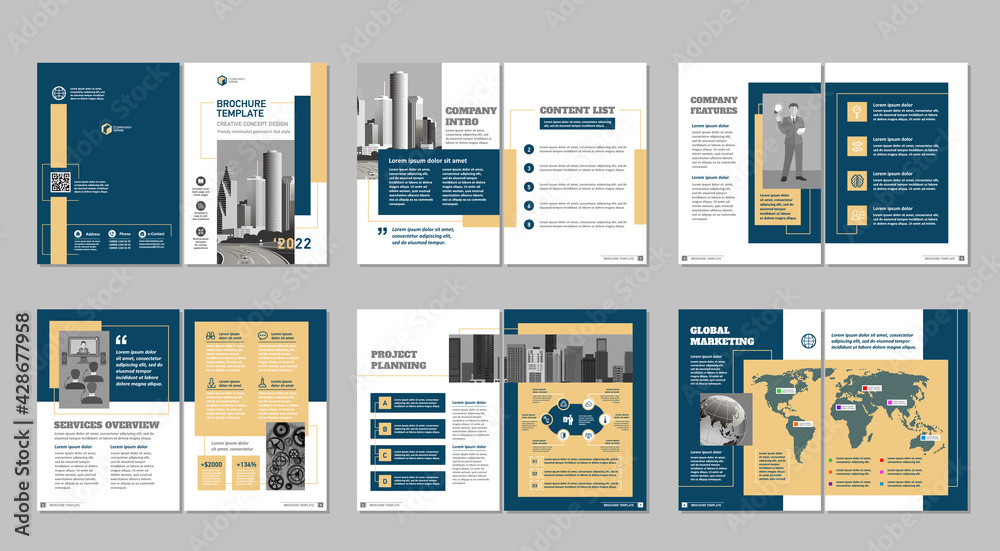 Brochure creative design. Multipurpose template, include cover, back and inside pages. Trendy minimalist flat geometric design. Vertical a4 format. - obrazy, fototapety, plakaty 