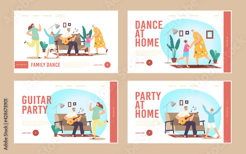 Family Party Landing Page Template Set. Parents and Kids Dance, Father Play Guitar, Mother with Granny Dancing