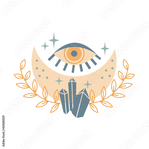 Mystical moon with crystal, stars, eye, leaves isolated on white background. Mystical and magical, astrology vector illustration. Design for T-shirts,  bags, card, poster, invitation