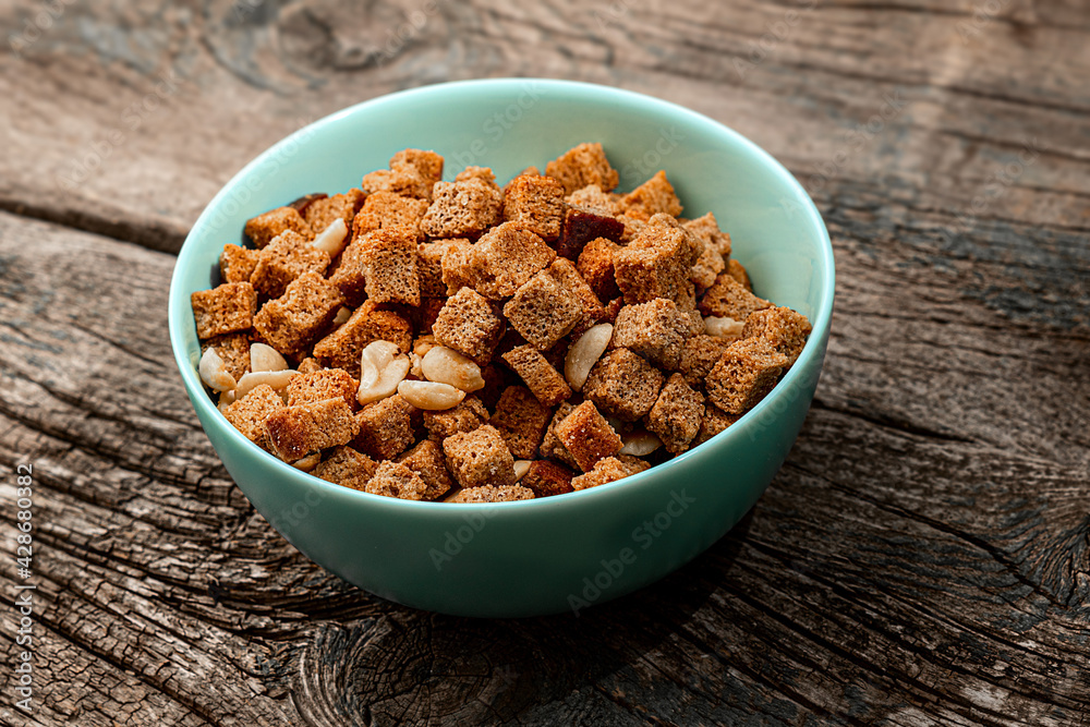 homemade bread snack fried croutons in bowl homemade bread snack fried croutons in bowl