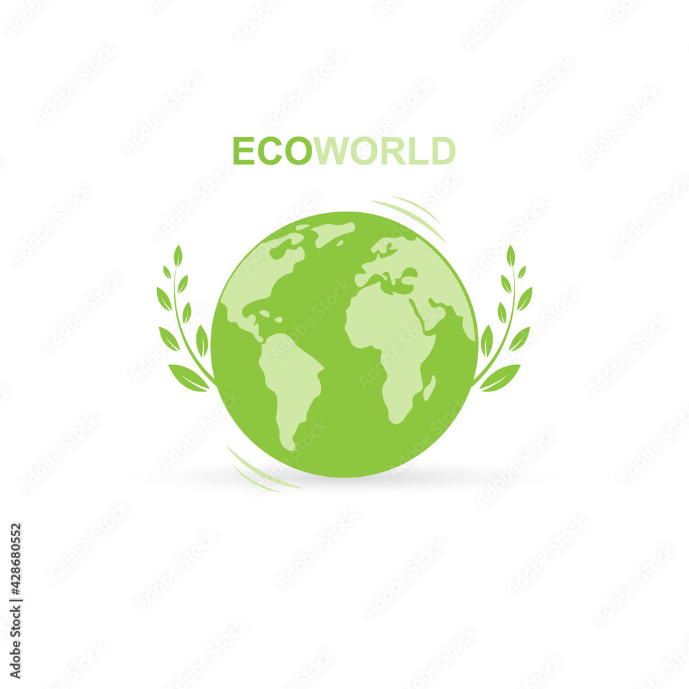 Green earth and leaves. Eco World, save the planet, energy saving concept. Isolated vector logo