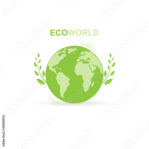 Green earth and leaves. Eco World, save the planet, energy saving concept. Isolated vector logo