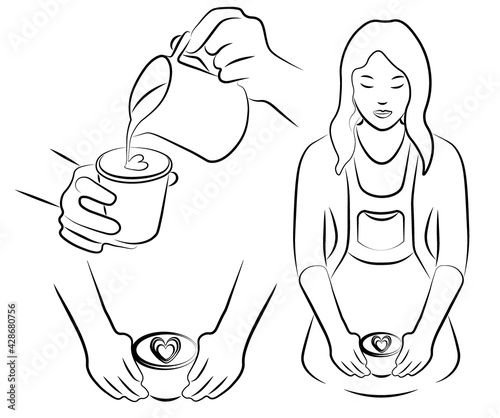 Outline drawing set of barista icon , sketch of human making a coffee, line art cup of coffee, cappuccino, latte art, espresso. Woman hold a mug. Cafe menu background,  cafeteria. Vector illustration.