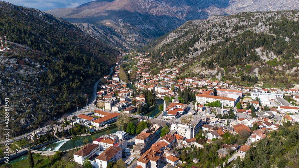 Aerial drone view of Stolac. Panoramic view of city of Stolac and Bregava river, Bosnia and Herzegovina.