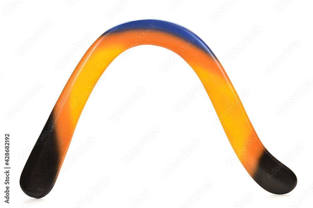 2 wings wooden boomerang painted black, orange, yellow and blue isolated on white background 2 wings wooden boomerang painted black, orange, yellow and blue isolated on white background