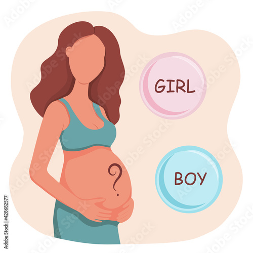 Pregnant woman logo ask a question boy or girl. Flat style vector illustration design