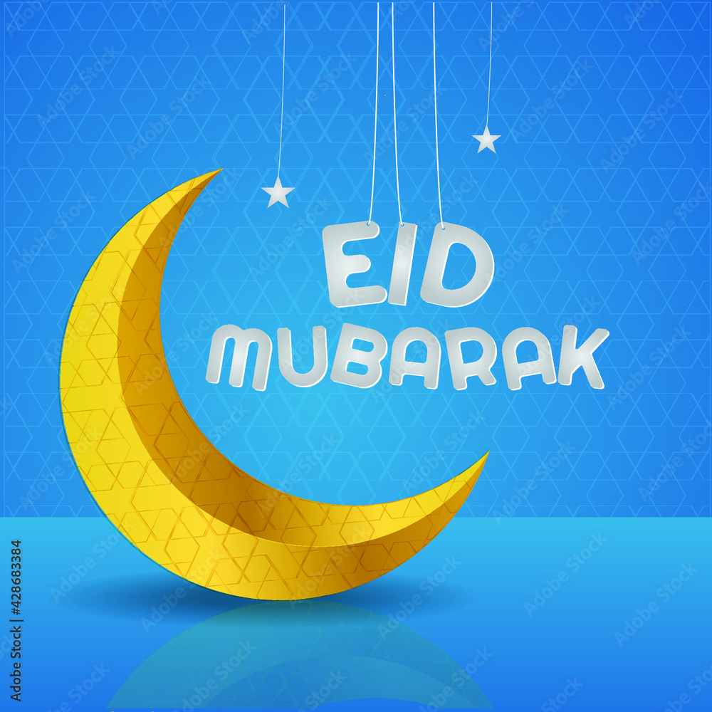 Beautiful Eid Mubarak Greeting Card With the golden Moon and Blue ...
