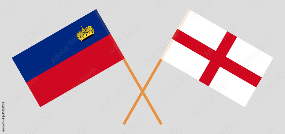 Crossed flags of Liechtenstein and England. Official colors. Correct proportion