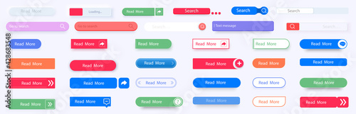 Set of vector modern material style buttons. Search bar. Neumorphism style. Different colors of elements and icons. Big buttons collection. Templates for website. Web UI, UX, GUI, KIT icons