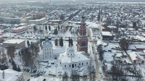 Aerial view of the Cathedral of the Archangel Michael and the bell tower in Bronnitsy in winter, Moscow region, Russia photo