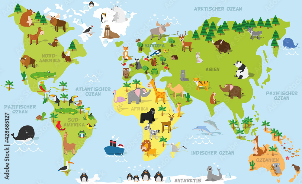 Fototapeta premium Funny cartoon world map in german with traditional animals of all the continents and oceans. Vector illustration for preschool education and kids design