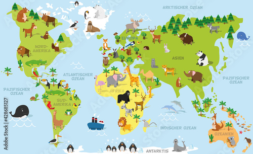 Mapa świata śmieszne kreskówki w języku niemieckim z tradycyjnymi zwierzętami wszystkich kontynentów i oceanów. Ilustracja wektorowa do projektowania edukacji przedszkolnej i dzieci