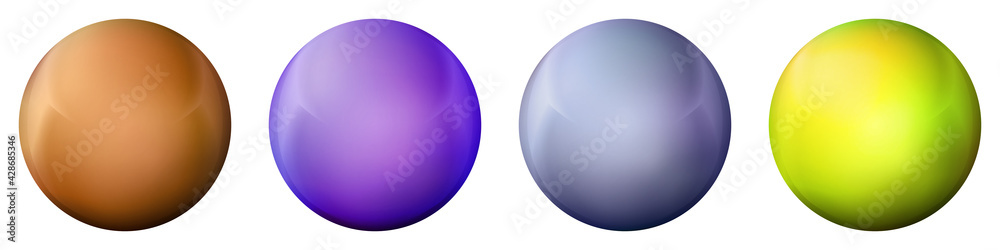 Set with glass colorful balls. Glossy realistic ball, 3D abstract vector illustration highlighted on a white background. Big metal bubble with shadow
