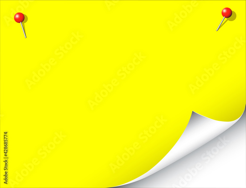 Memo Neon gelbes Papierblatt mit Pinnadel und Eselsohr,
Vektor Illustration isoliert auf weißem Hintergrund

